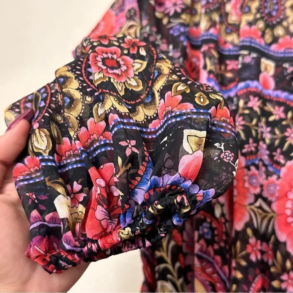 MISA Los Angeles Olivia Puff-Sleeve Floral Paisley Chiffon Midi Dress